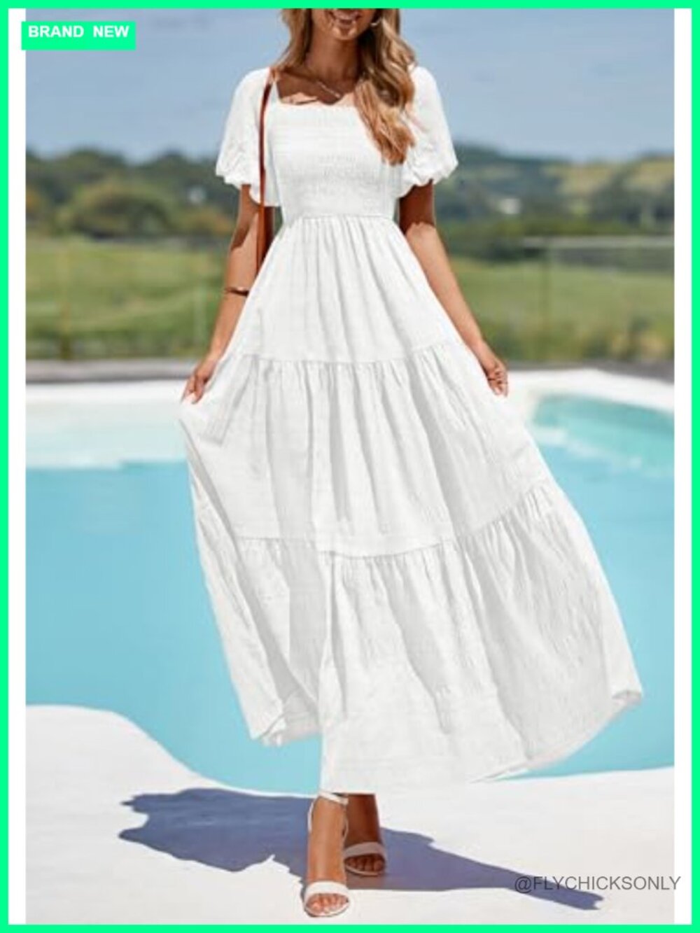 Puff Short Sleeve Maxi Dress Square Neck Smocked Tiered Ruffle A Line Flowy - Picture 3 of 7